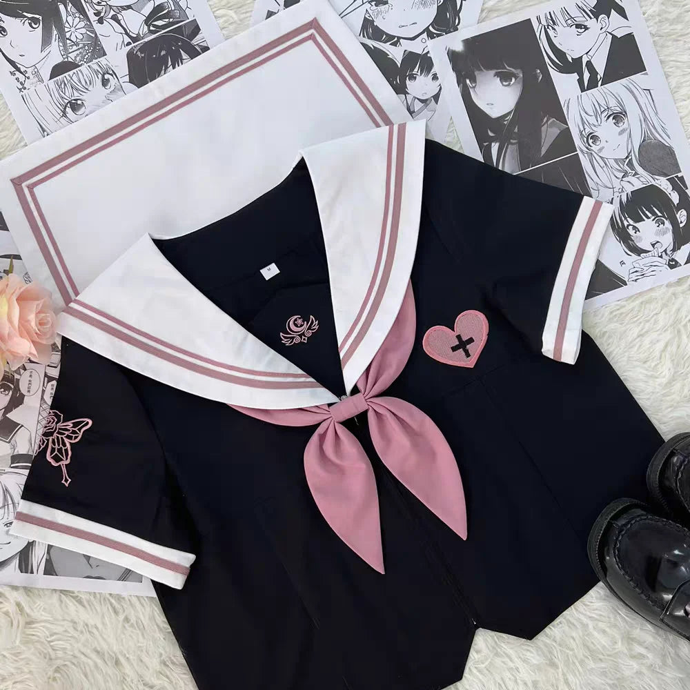 Jirai Kei Black Sailor Uniform Set with Pleated Skirt & Accessories Short sleeve set Shoptery