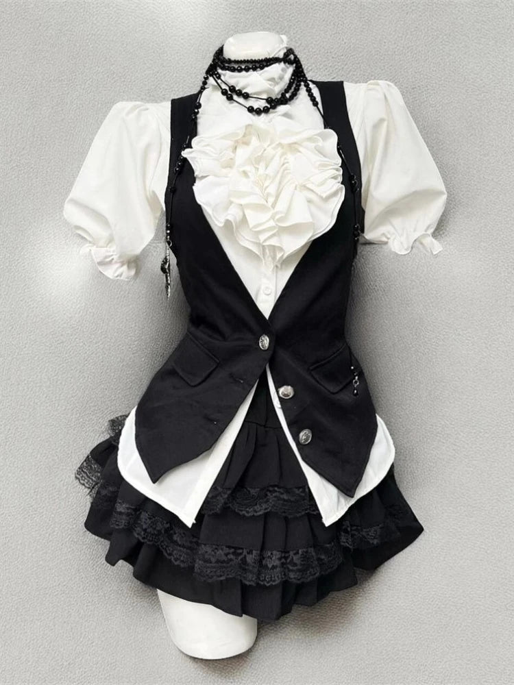 Jirai Kei Ruffle Blouse Black Vest & Lace Skirt 3-Piece Set Shoptery