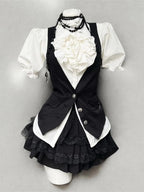Jirai Kei Ruffle Blouse Black Vest & Lace Skirt 3-Piece Set Shoptery