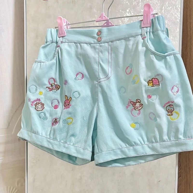 Fairy Kei Pink Embroidered Kawaii Character Mini Shorts Secondary image
