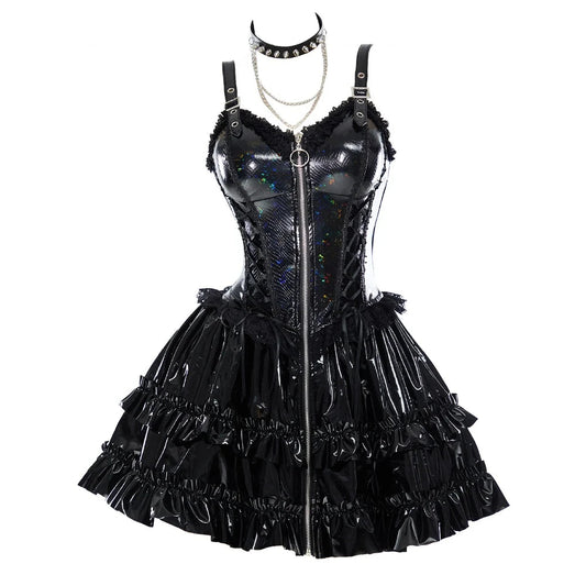 Visual Kei Holographic PVC Corset Ruffle Mini Dress Set black Shoptery