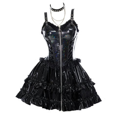 Visual Kei Holographic PVC Corset Ruffle Mini Dress Set black Shoptery