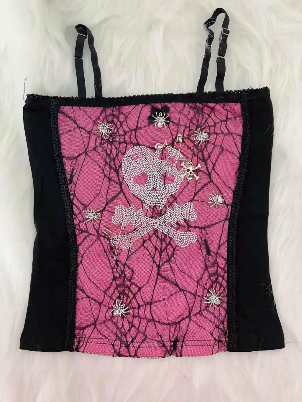 Jirai Kei Skull Rhinestone Spider Web Lace Cami Crop Top As shown Shoptery