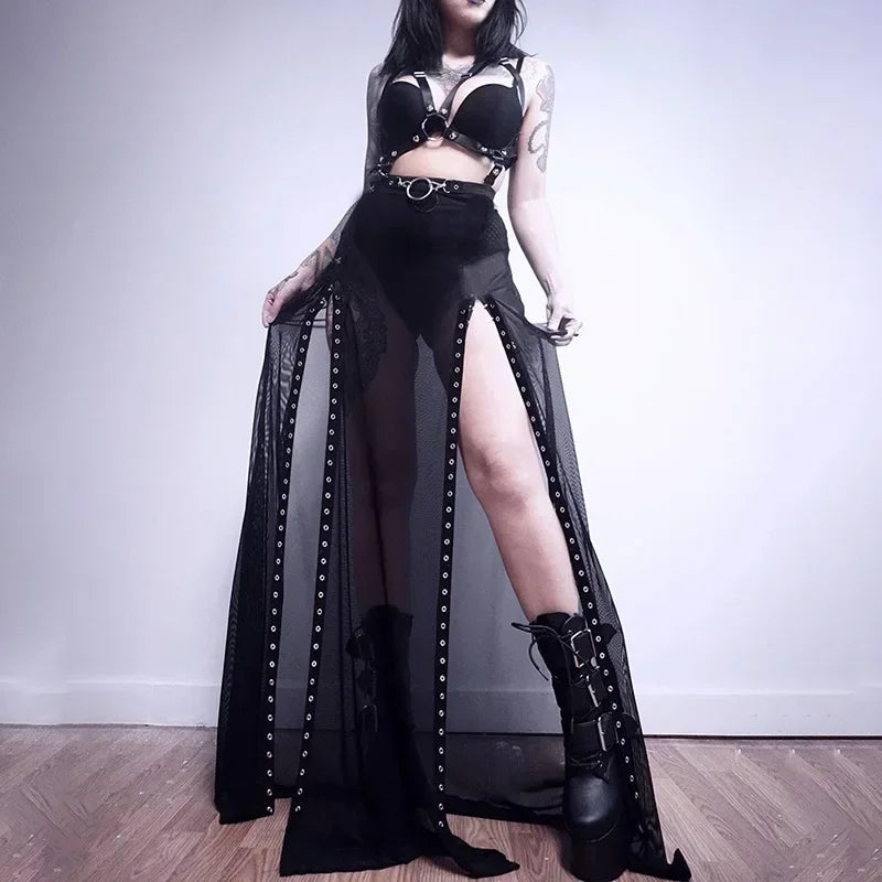 Visual Kei Sheer Mesh Eyelet Maxi Skirt with Chain Belt Shoptery