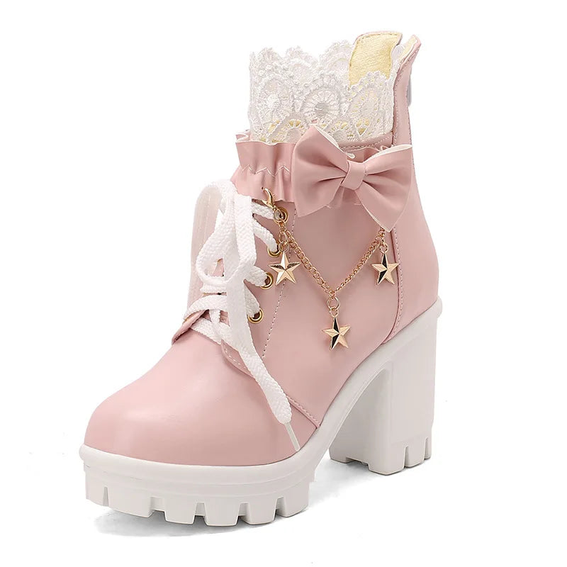 Jirai Kei Pink Lace Ruffle Bow Star Chain Platform Ankle Boots Heels 9cm 2 Shoptery