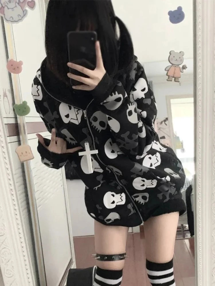 Visual Kei All-Over Skull & Crossbones Cross Zip-Up Hoodie Shoptery