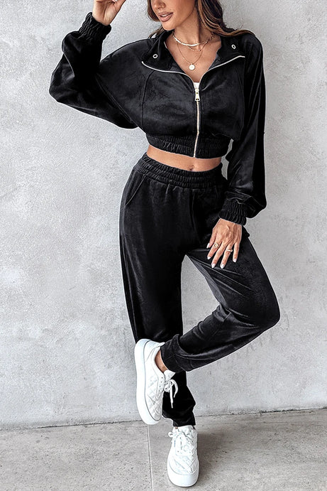 Women's Zipper Decoration Velvet Sweater Casual Sports Pants Set