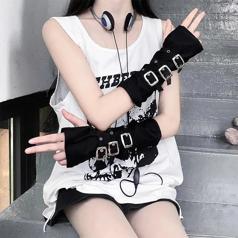 Visual Kei Black Multi-Buckle Arm Warmer Gauntlet Gloves Secondary image