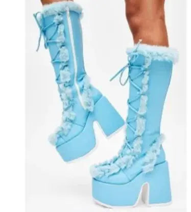 Jirai Kei Faux Fur Lace-Up Knee-High Platform Boots Shoptery