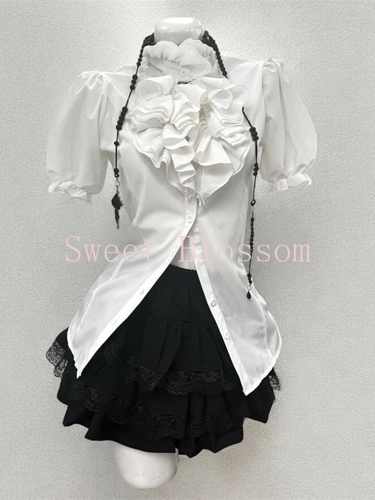 Jirai Kei Ruffle Blouse Black Vest & Lace Skirt 3-Piece Set Shoptery