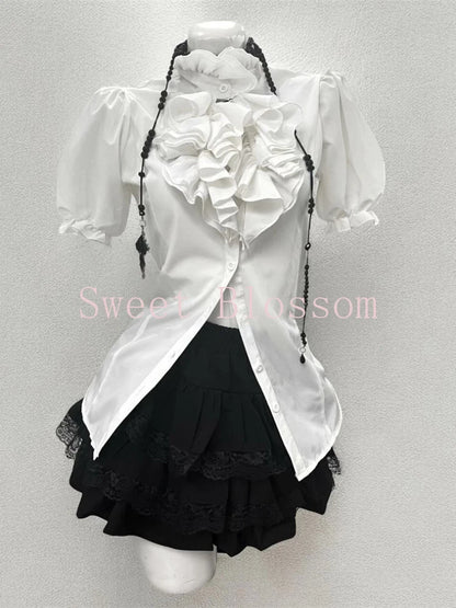 Jirai Kei Ruffle Blouse Black Vest & Lace Skirt 3-Piece Set Shoptery