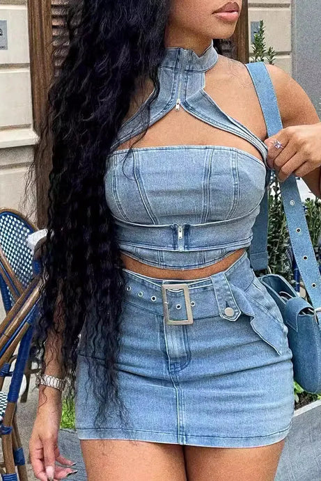 Women Sexy Cargo Dress Y2K Denim Jean Two Piece Sets