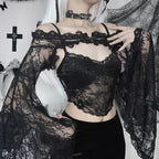 Jirai Kei Black Lace Bell Sleeve Crop Top & Velvet Shorts Set Shoptery