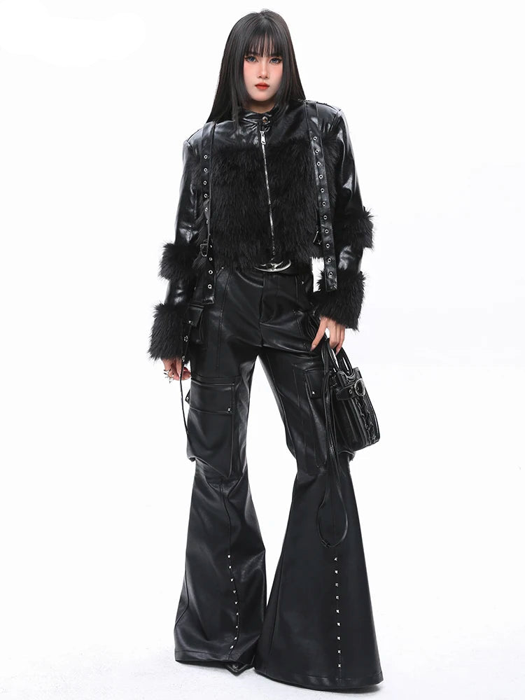 Visual Kei Faux Leather Flare Cargo Pants with Mesh Top Set Secondary image