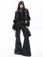 Visual Kei Faux Leather Flare Cargo Pants with Mesh Top Set Shoptery