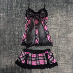 Jirai Kei Pink Tartan Plaid Satin Bow Lace Trim Cami Top Shoptery