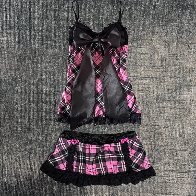 Jirai Kei Pink Tartan Plaid Satin Bow Lace Trim Cami Top Shoptery