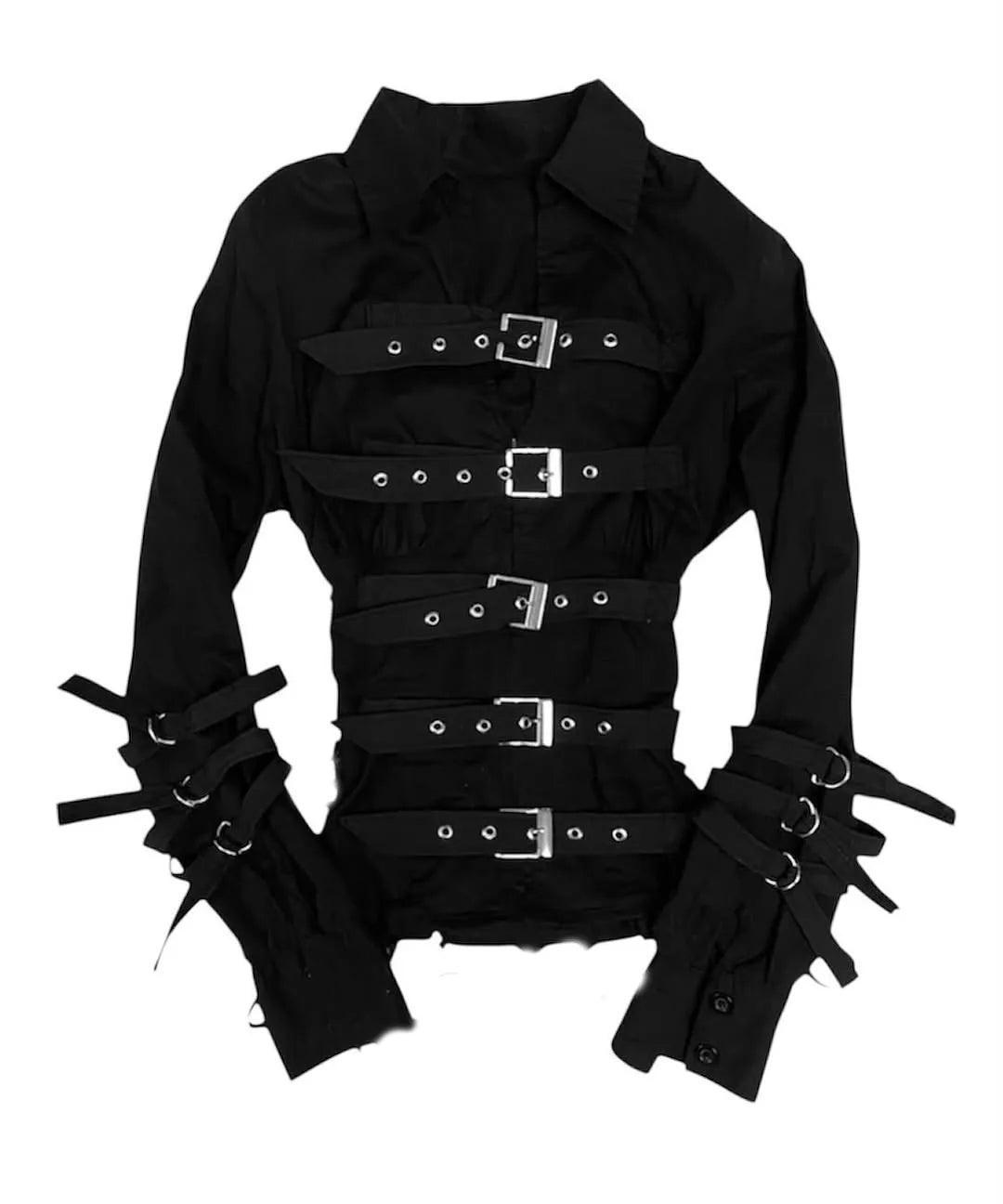 Visual Kei Black Multi-Buckle Strap Lace Collar Long Sleeve Shirt Shoptery