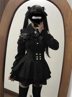Jirai Kei Red Ruffle Blouse & Black Pleated Skirt Gothic Set Shoptery