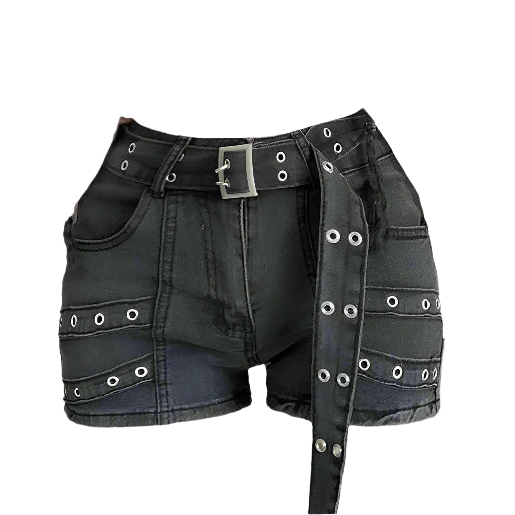 Metalcore Grommet Alt Denim Shorts Black Shoptery