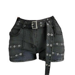 Metalcore Grommet Alt Denim Shorts Black Shoptery