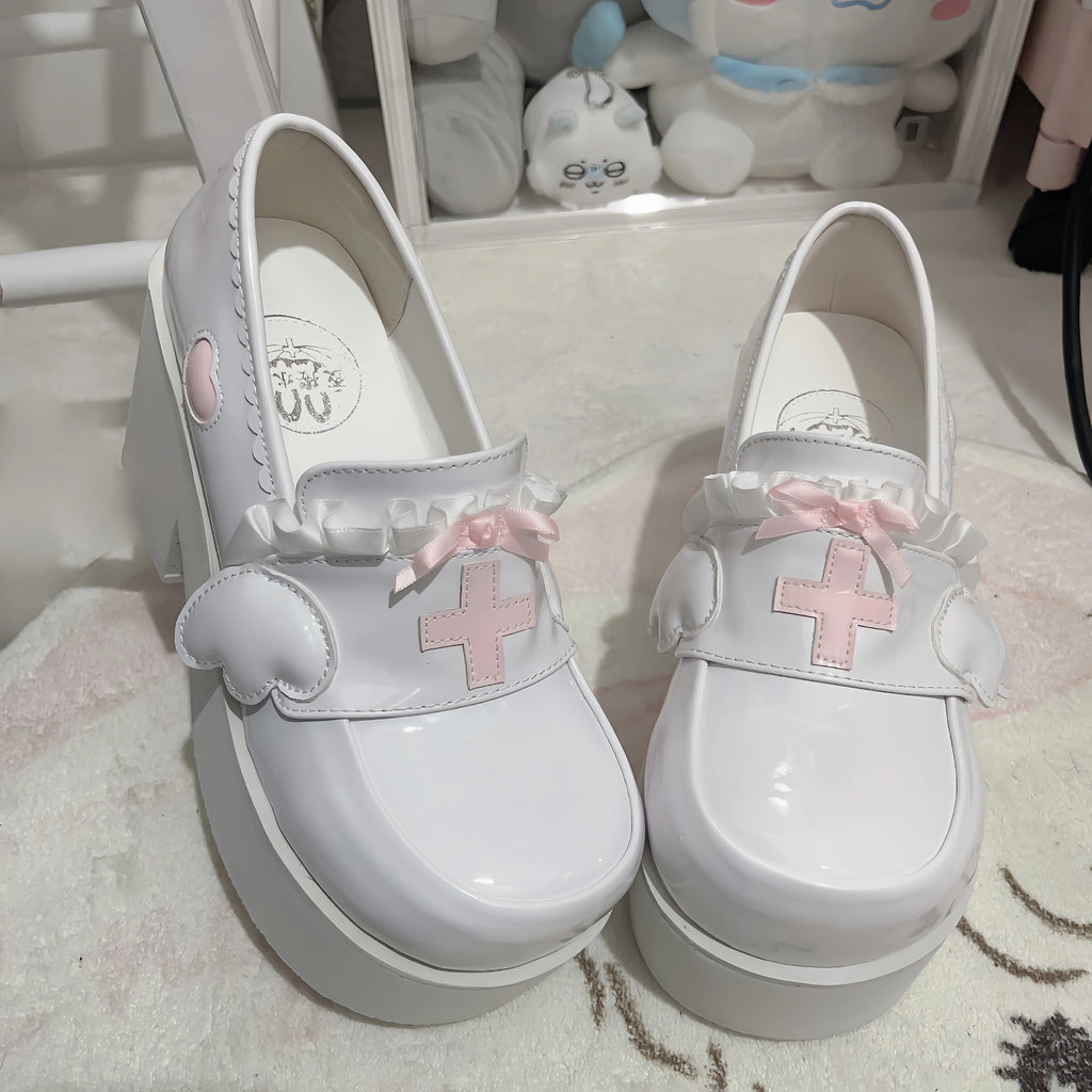 Menhera White Platform Loafers with Cross and Bow Details Pink Shoptery