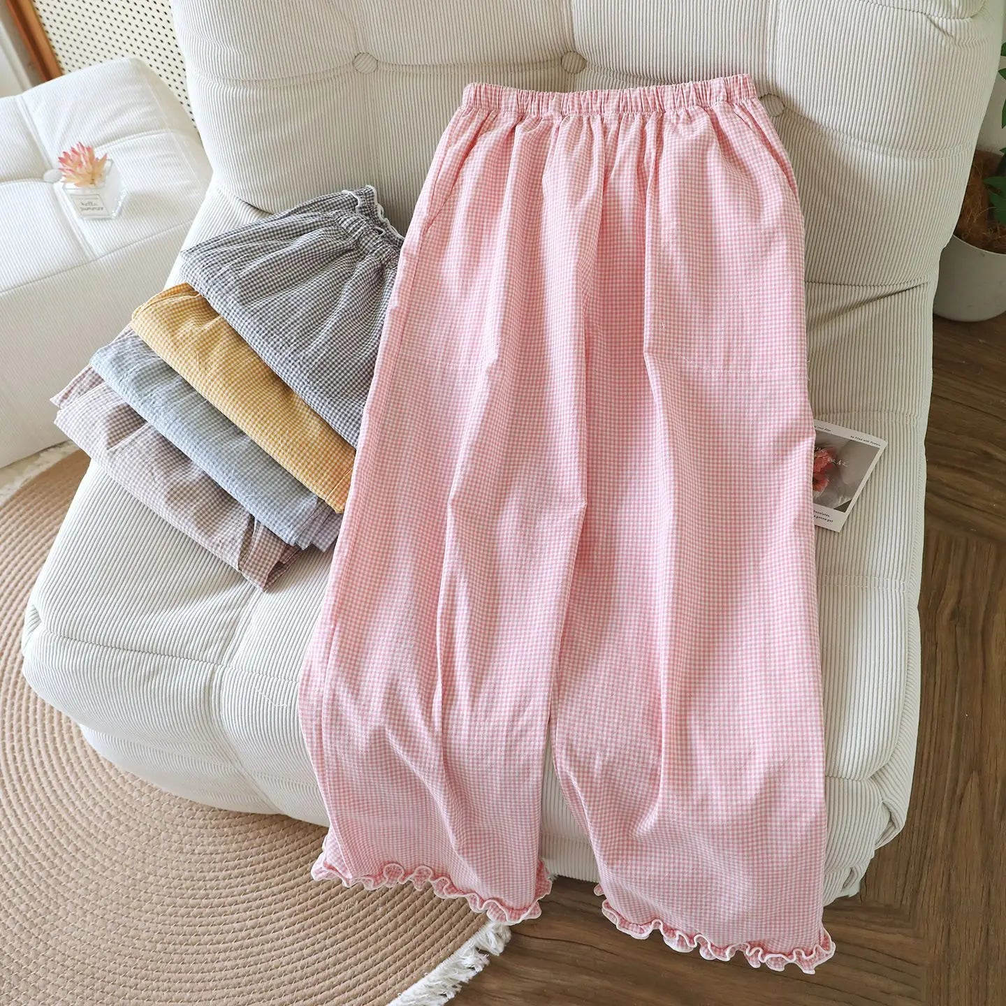 Fairy Kei Pastel Gingham Ruffle-Hem Lounge Pants Secondary image
