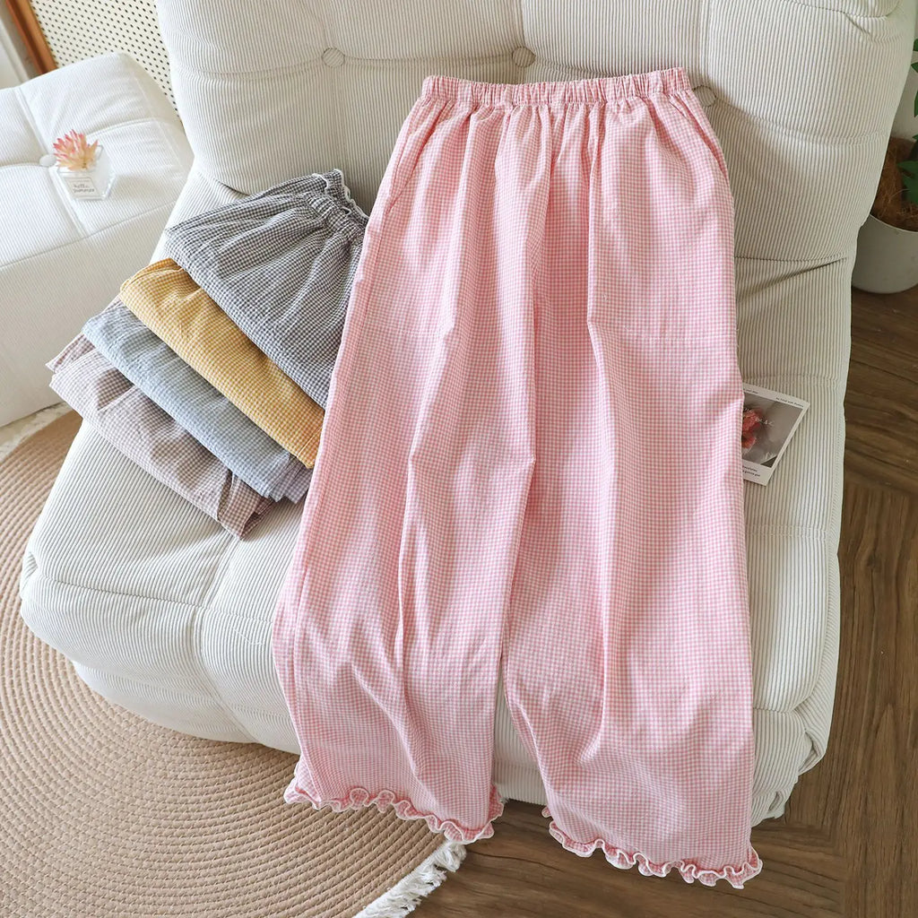 Fairy Kei Pastel Gingham Ruffle-Hem Lounge Pants Pink Shoptery