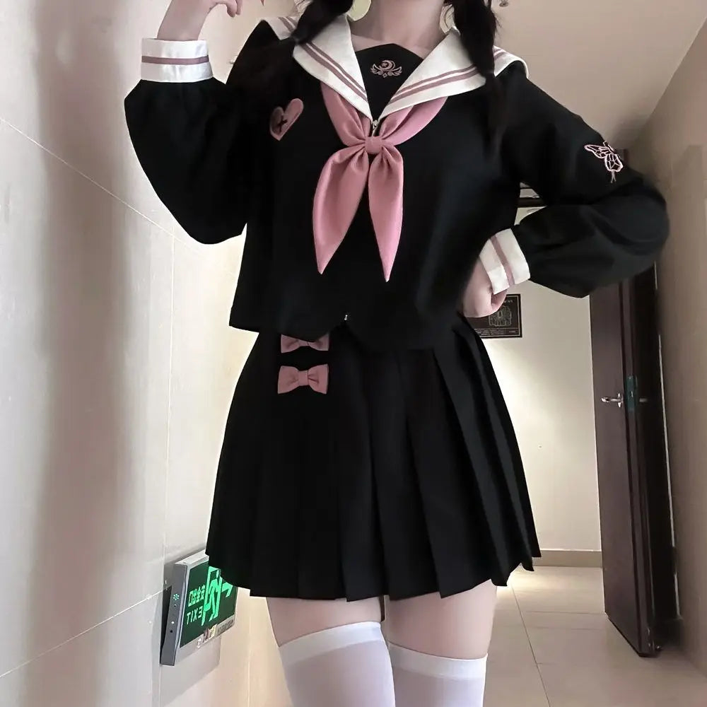 Jirai Kei Black Sailor Uniform Set with Pleated Skirt & Accessories Long sleeve set Shoptery
