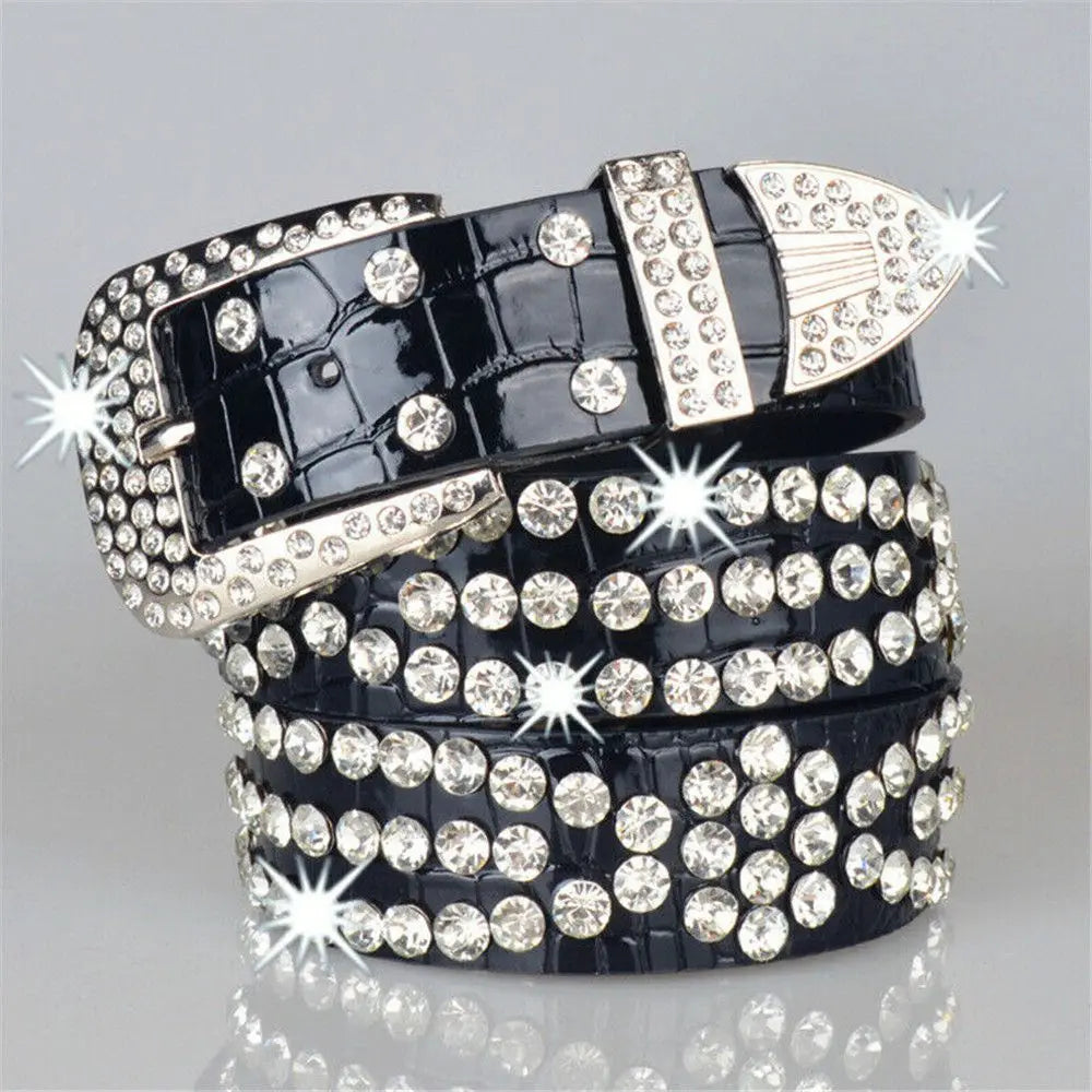 Gyaru Leopard Print Rhinestone Crystal Studded Belt B-Black-105X3.8CM Shoptery