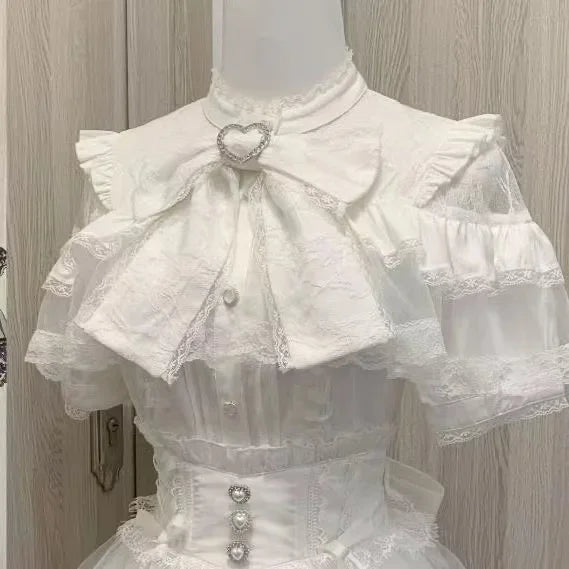 Jirai Kei Black Lace Ruffle Bow Button-Up Blouse 3204 White Short Shoptery