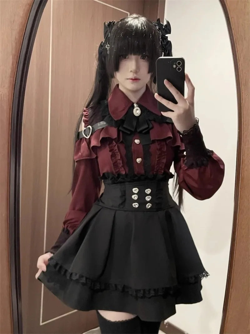 Jirai Kei Red Ruffle Blouse & Black Pleated Skirt Gothic Set Shoptery