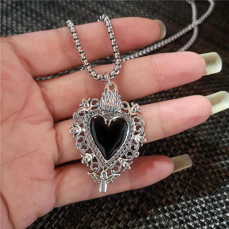 Visual Kei Black Heart Cross Thorn Rose Silver Chain Pendant Necklace Secondary image