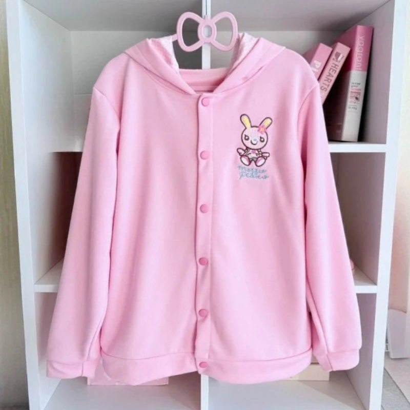 Fairy Kei Mezzio Piano Bunny Embroidered Snap-Front Hoodie Shoptery