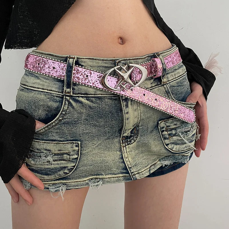 Gyaru Acid Wash Distressed Denim Mini Skirt with Pink Glitter Belt Shoptery