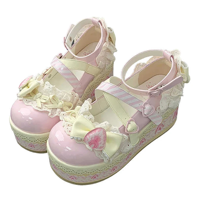 Fairy Kei Sweet Lace Bow Heart Platform Mary Jane Shoes Secondary image