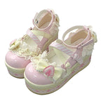 Fairy Kei Sweet Lace Bow Heart Platform Mary Jane Shoes Pink Shoptery