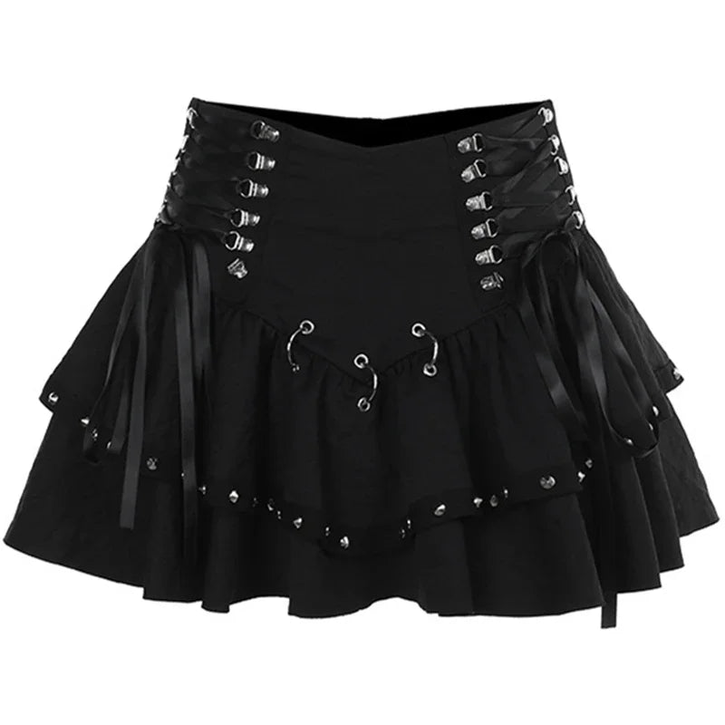 Jirai Kei Black Layered Ruffle Mini Skirt with Studs & Lace-Up 3002 Shoptery Main image