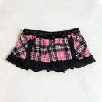 Jirai Kei Pink Tartan Plaid Satin Bow Lace Trim Cami Top black skirt Shoptery