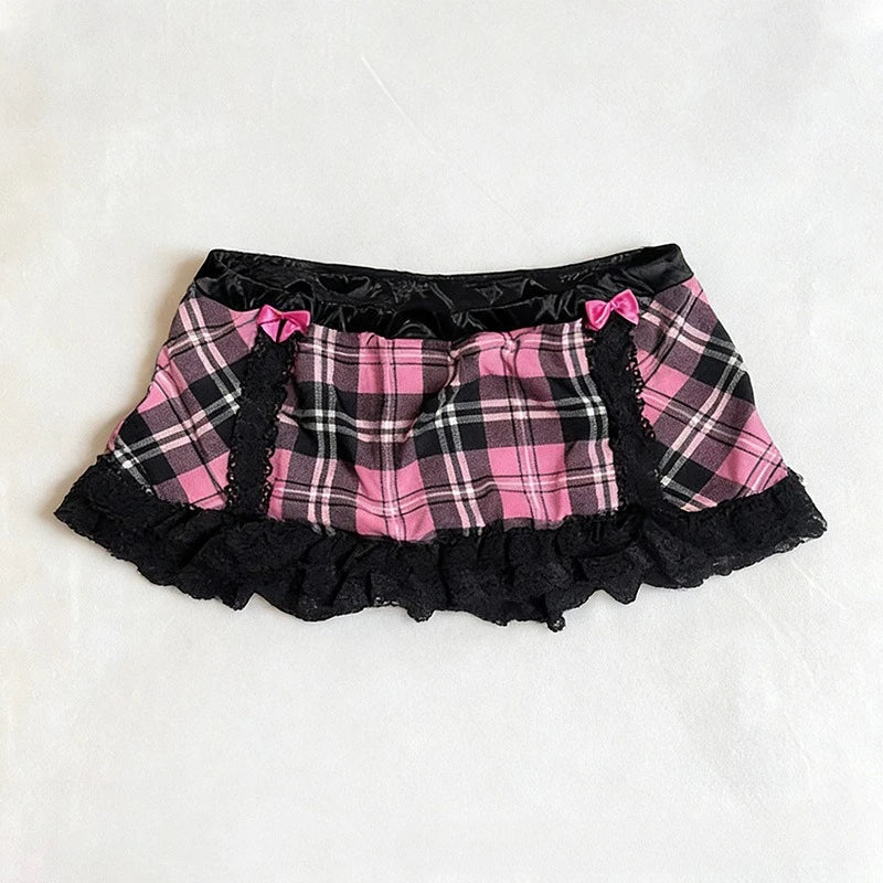 Jirai Kei Pink Tartan Plaid Satin Bow Lace Trim Cami Top black skirt Shoptery