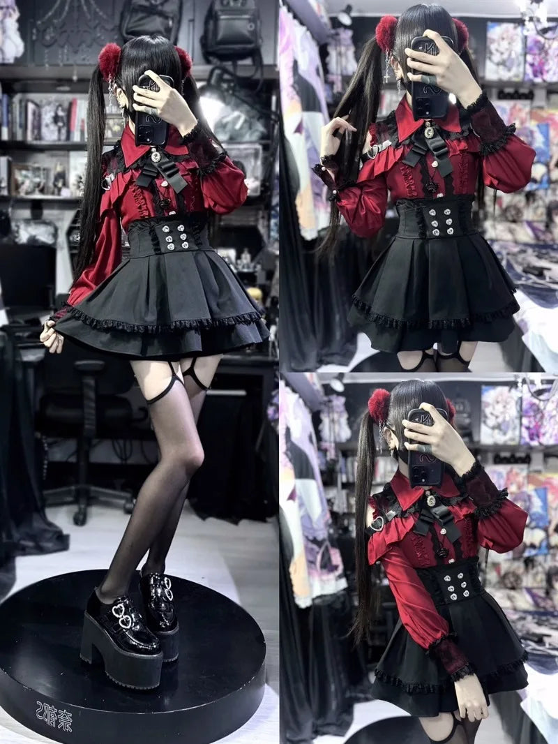 Jirai Kei Red Ruffle Blouse & Black Pleated Skirt Gothic Set Shoptery