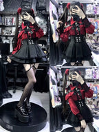 Jirai Kei Red Ruffle Blouse & Black Pleated Skirt Gothic Set Shoptery