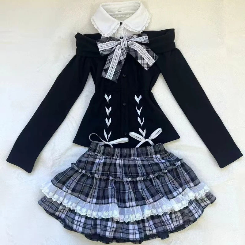 Jirai Kei Off-Shoulder Lace-Up Knit Top & Plaid Ruffle Skirt Set Set Shoptery