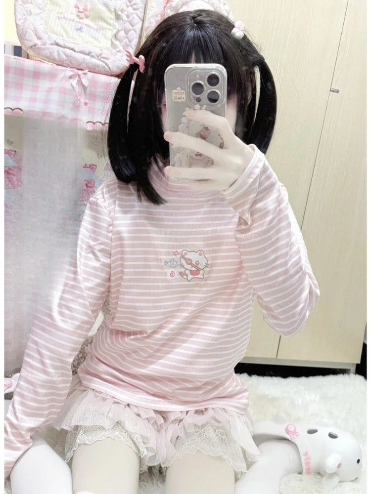 Jirai Kei Pink Striped Cat Embroidery Ruffle Hem Turtleneck Top Secondary image