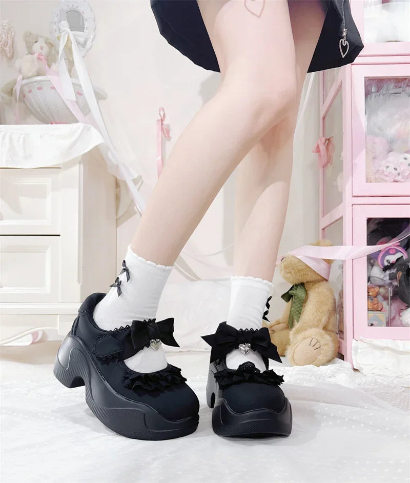 Fairy Kei Pastel Blue Plaid Skirt & Lace Bow Mary Jane Sneaker Set black Shoptery