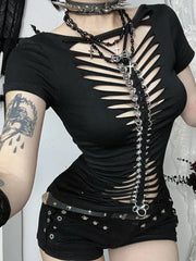 Visual Kei Slashed Fishbone Ring & Safety Pin Cutout Black Tee Shoptery