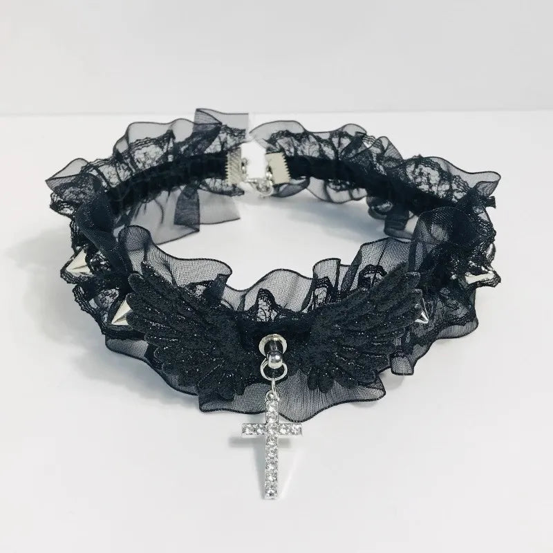 Visual Kei Lace Ruffle Cross Charm Angel Wing Spike Choker Necklace Secondary image