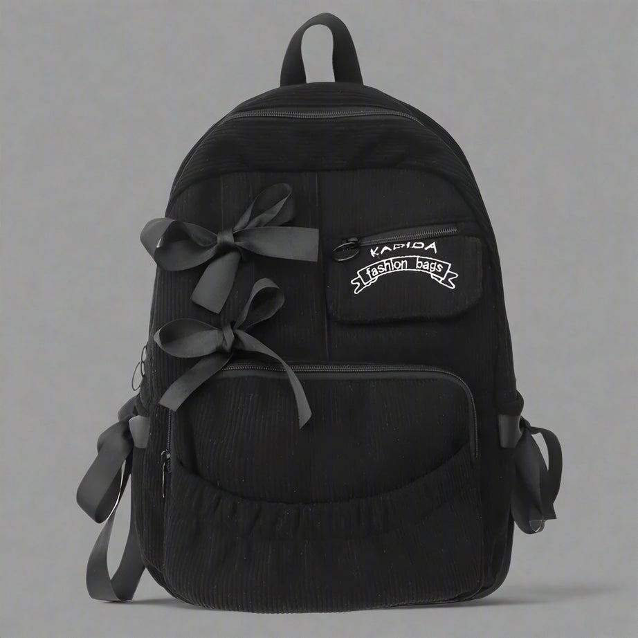 Corduroy Bow Charm Cute Backpack black Shoptery