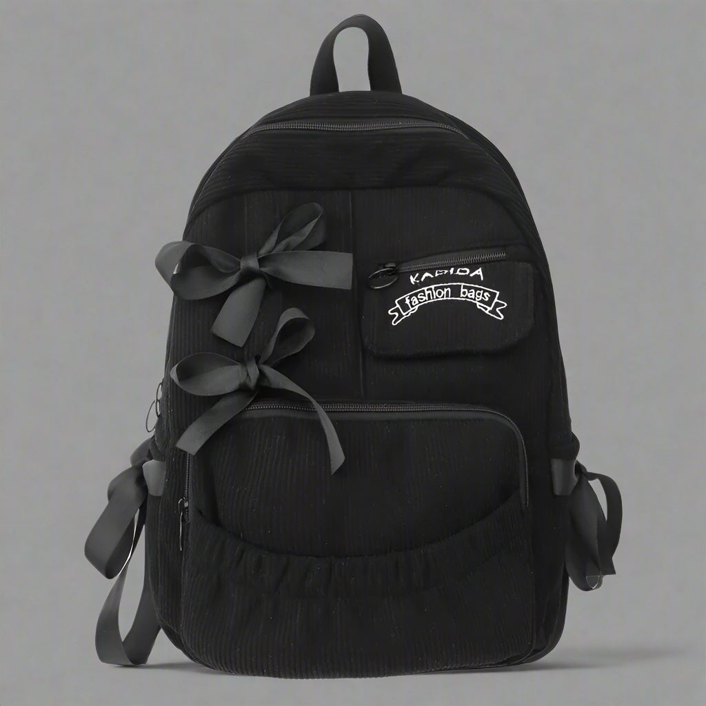 Corduroy Bow Charm Cute Backpack black Shoptery