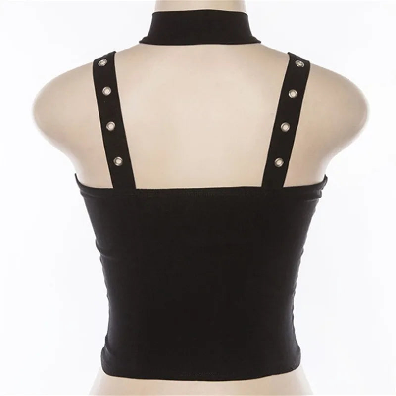 Visual Kei Cross Chain Zip Lace-Up Cutout Crop Tank Top Shoptery